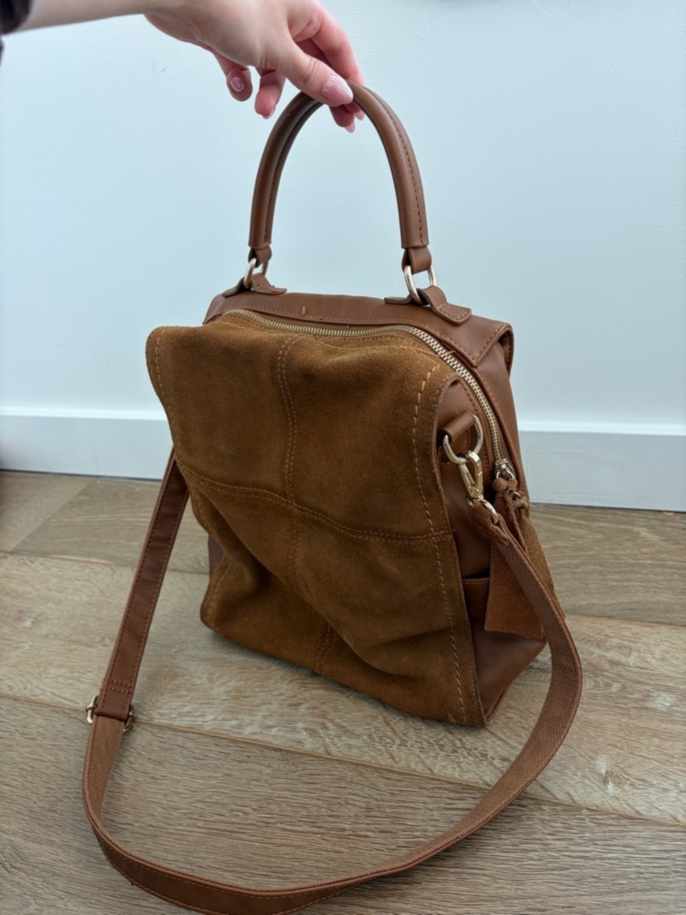 Moda Luxe Brown Genuine Suede & Faux Leather Convertible Crossbody/Backpack